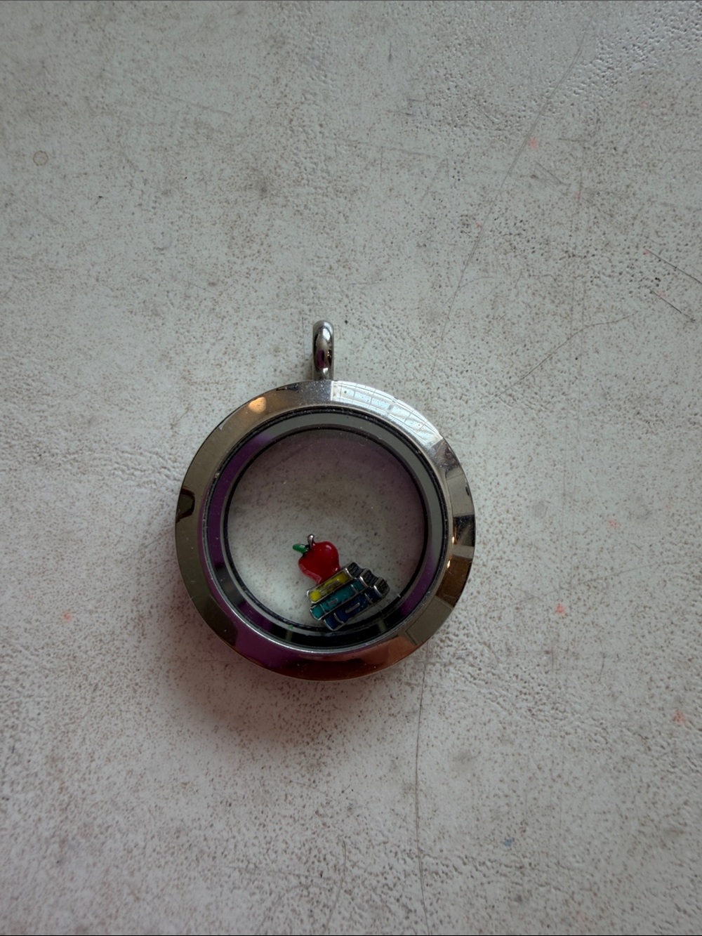 Floating Locket Pendant with Enamel Apple & Books Charm